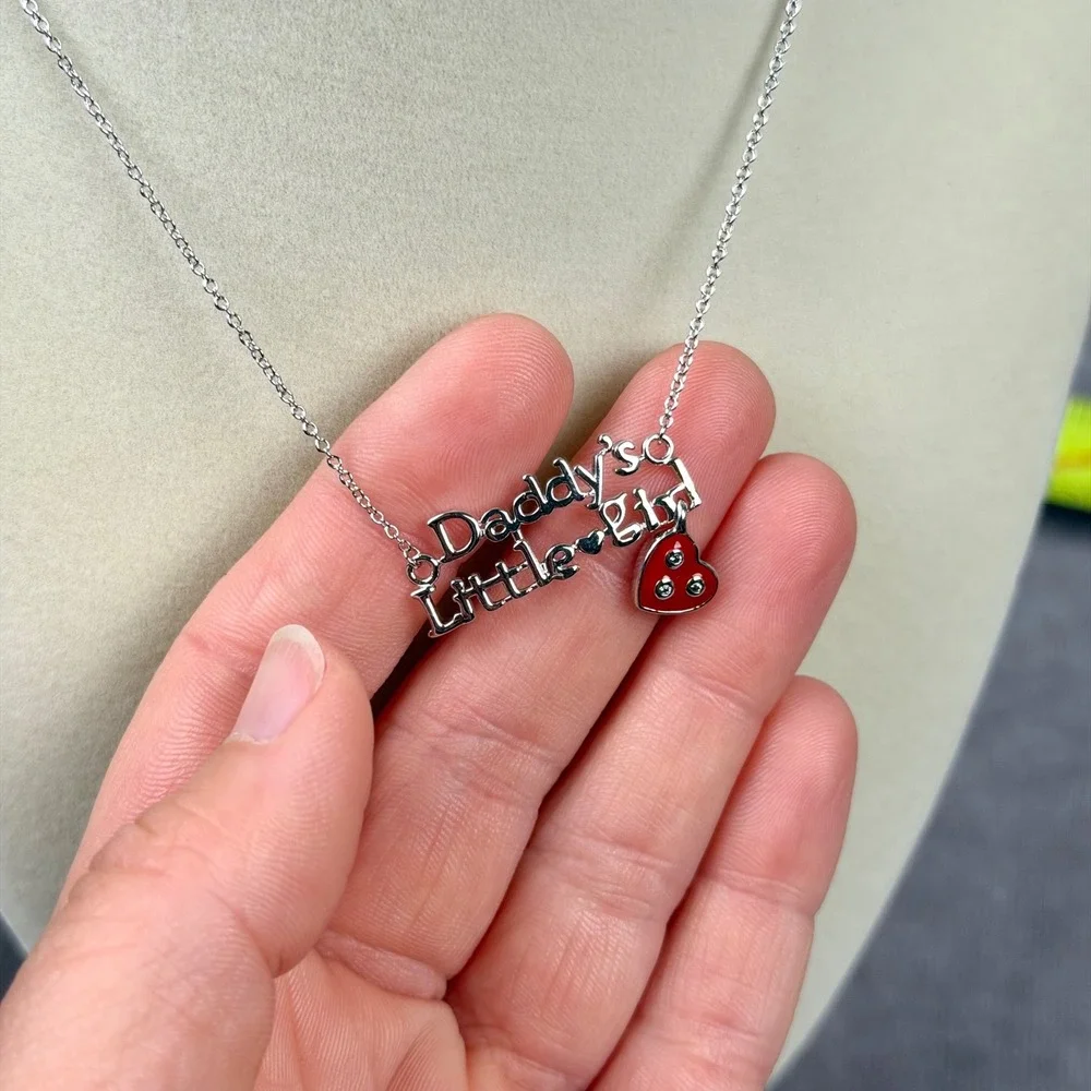 Daddy's Little Girl Necklace Silver Tone Red Heart Enamel Crystal Charm Kids